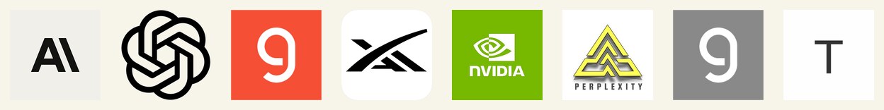 Logos returned by the Logo.dev CDN for anthropic.com, openai.com, groq.com, x.ai, the NVDA ticker, the name "perplexity", groq.com in greyscale, and an unknown domain