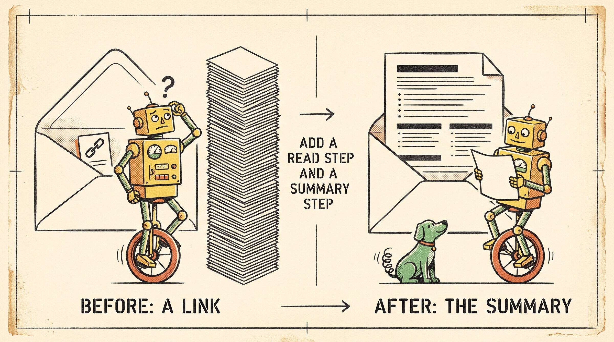 Two panels. On the left, an envelope holds only a link while a stack of unread papers waits beside it. On the right, the envelope holds a full summary sheet. An arrow between them reads "Add a read step and a summary step".