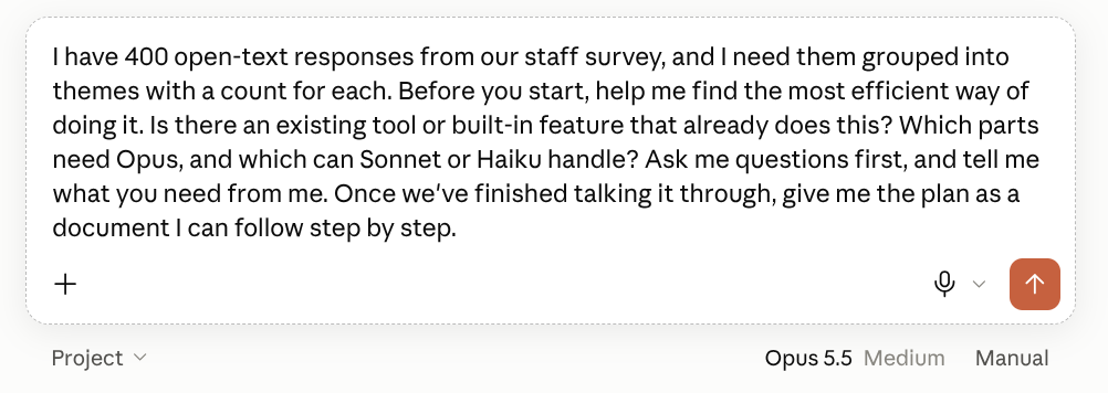 The staff survey planning prompt typed into Claude, with Opus 5.5 selected