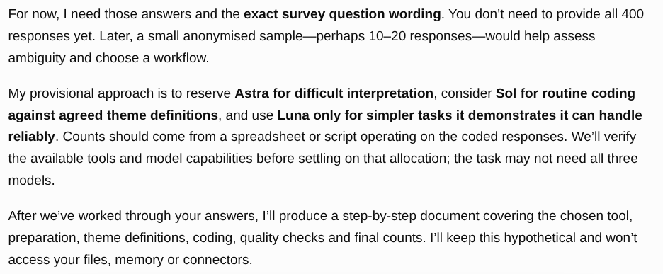 ChatGPT's answer, with GPT-6 Astra selected: the provisional model split for the survey