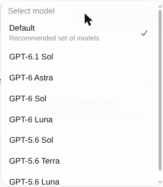 The model picker in ChatGPT's Work mode, listing GPT-6.1 Sol, GPT-6 Astra, GPT-6 Sol and GPT-6 Luna