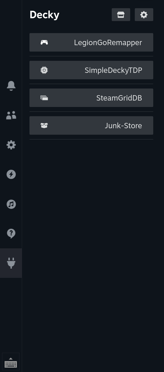 The Decky menu in Quick Access, listing LegionGoRemapper, SimpleDeckyTDP, SteamGridDB and Junk-Store.