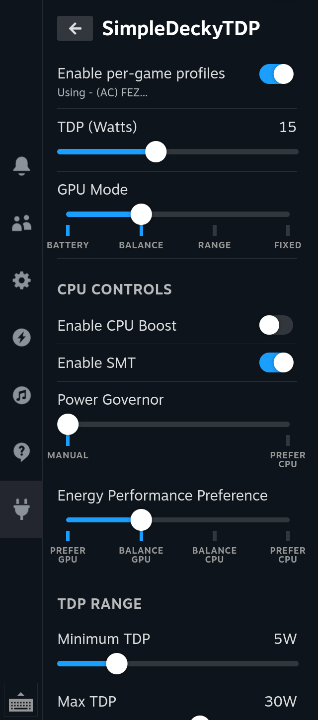 SimpleDeckyTDP in Quick Access with FEZ running on the charger. Per-game profiles are on, the panel reads "Using (AC) FEZ", and the power limit is 15 watts.