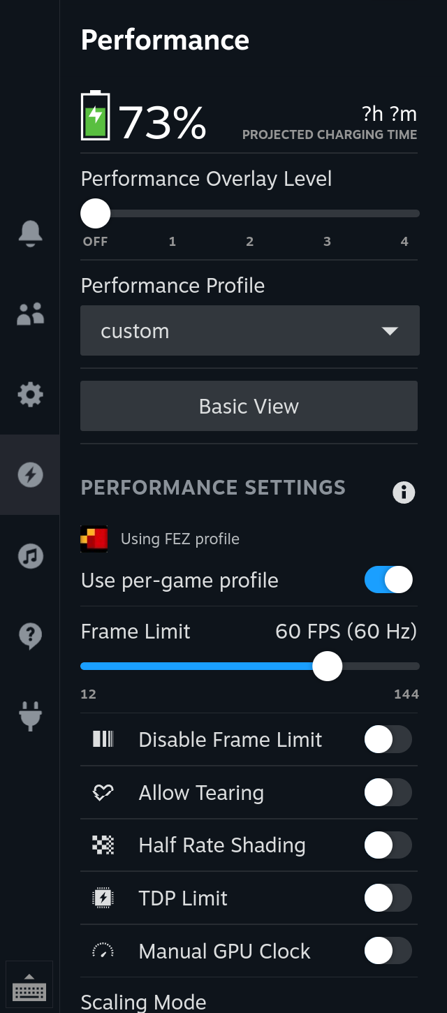 Steam's Performance panel with FEZ running. "Using FEZ profile" is shown, per-game profile is on, and Frame Limit reads 60 FPS (60 Hz).