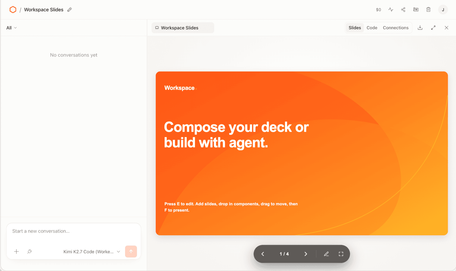 Inside a Cloudflare OS workspace: an agent composing a slide deck, with Slides, Code and Connections tabs.