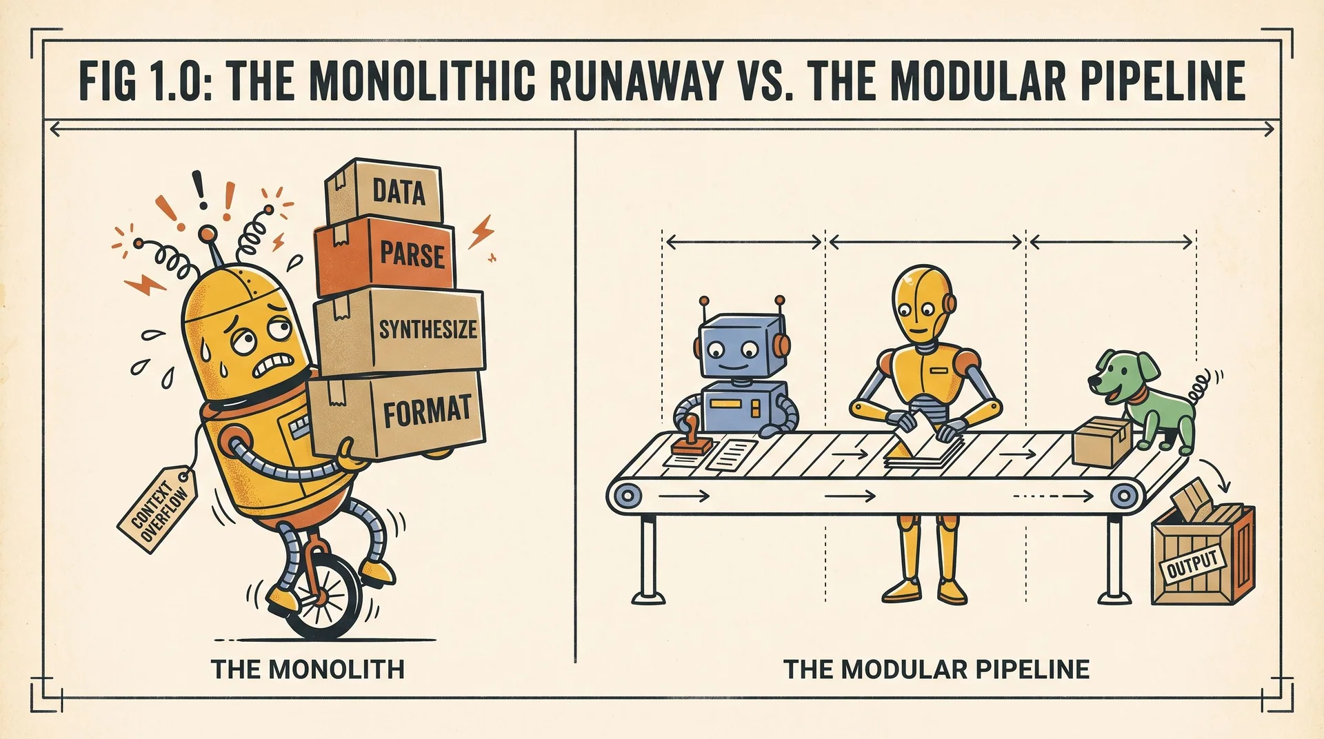Comparison of one overloaded robot balancing data, parsing, synthesis and formatting boxes with a conveyor belt where three robots handle separate stages.