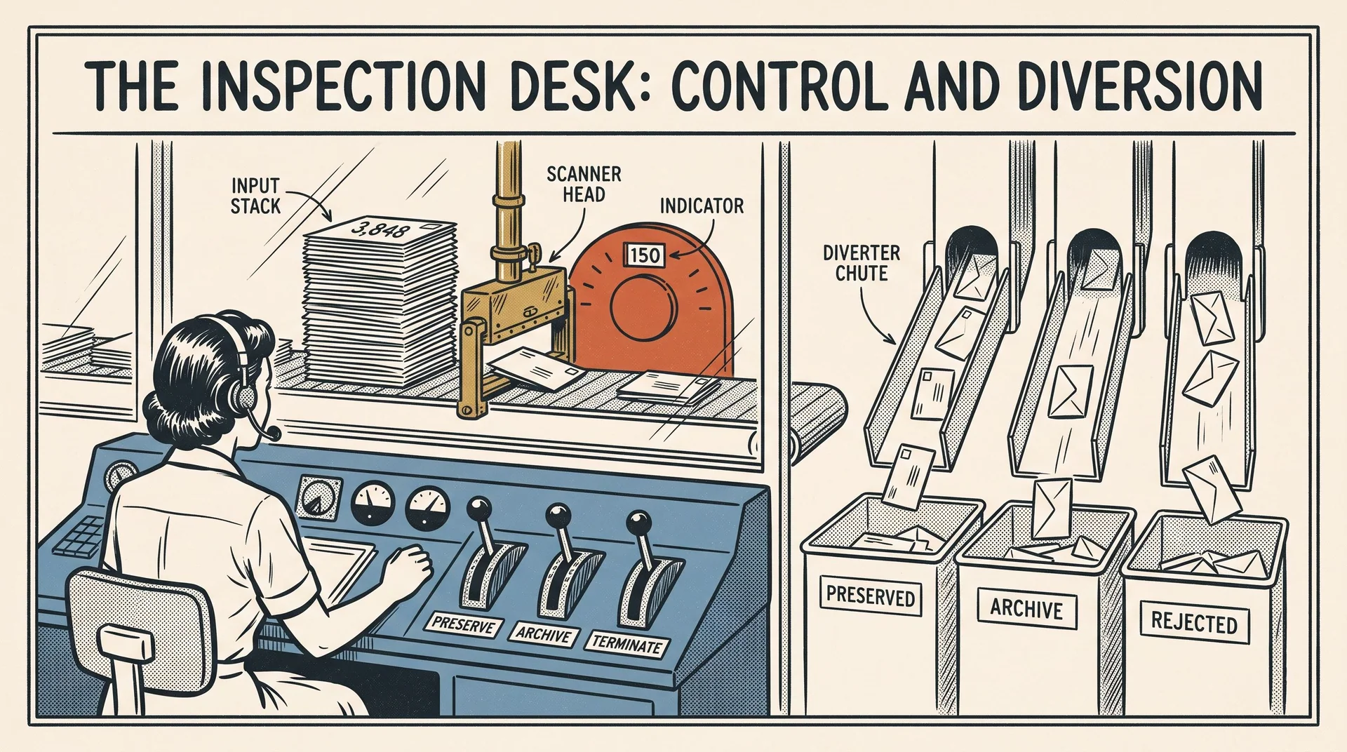 Illustrated mail-sorting machine with a stack marked 3,848 and a counter reading 150. A human operator controls Preserve, Archive and Terminate levers, directing envelopes into separate bins.