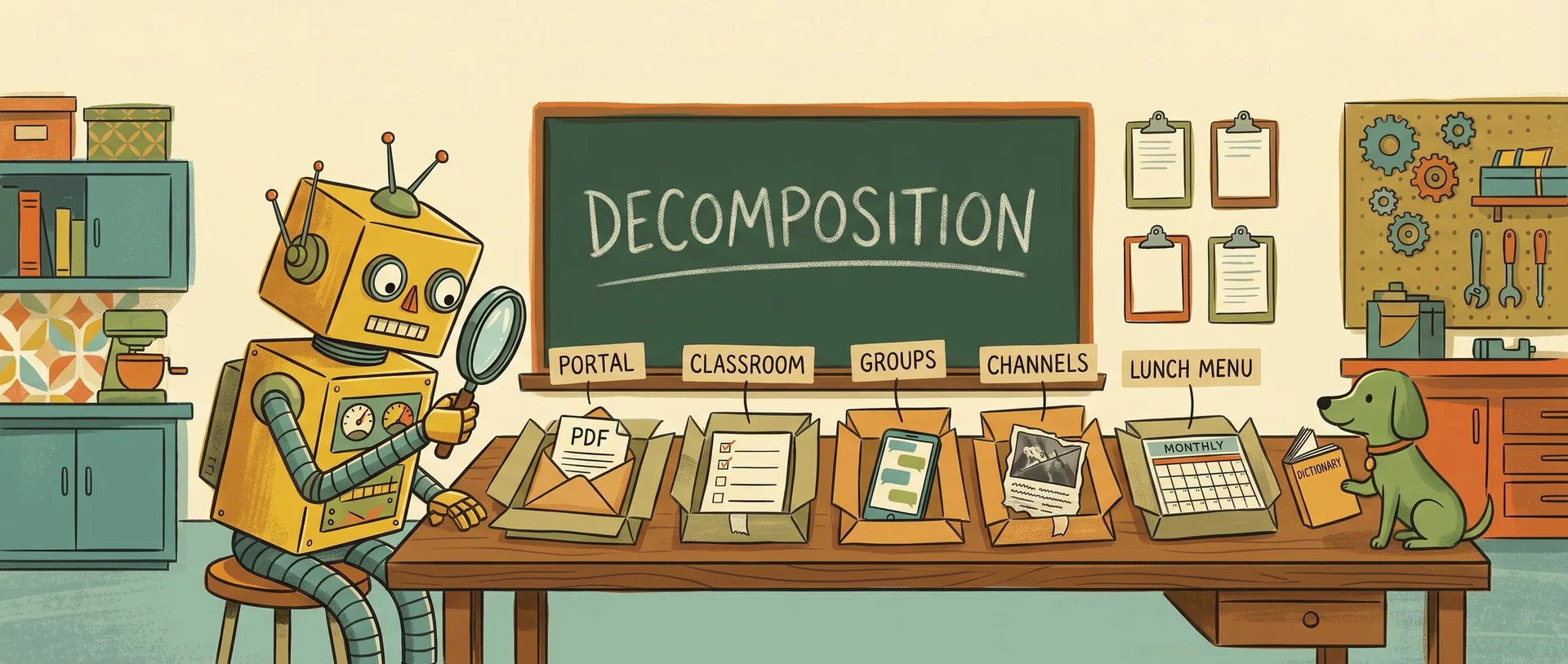 A hand-drawn illustration of a yellow robot at a workbench, using a magnifying glass to take apart five labelled parcels (portal, classroom, groups, channels, lunch menu), each opened to show a PDF, a checklist, chat bubbles, an unreadable photo or a monthly meal calendar, while a green dog holds a dictionary under a chalkboard that reads Decomposition.