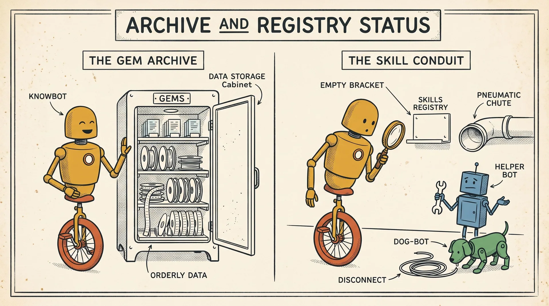 Two-panel diagram: a robot can find its Gems in an orderly filing cabinet, but searches an empty Skills Registry beside a disconnected delivery tube.