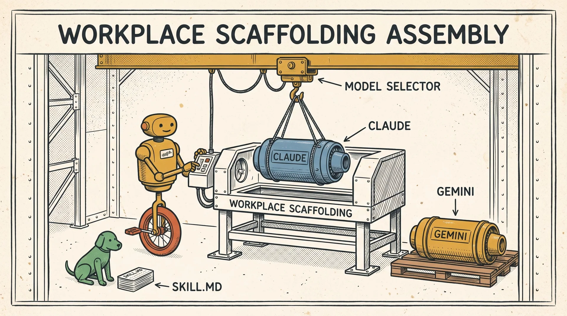 A robot uses a model-selector crane to swap a Claude engine into workplace scaffolding. A Gemini engine sits nearby, with a SKILL.MD instruction sheet beside the shared machine.