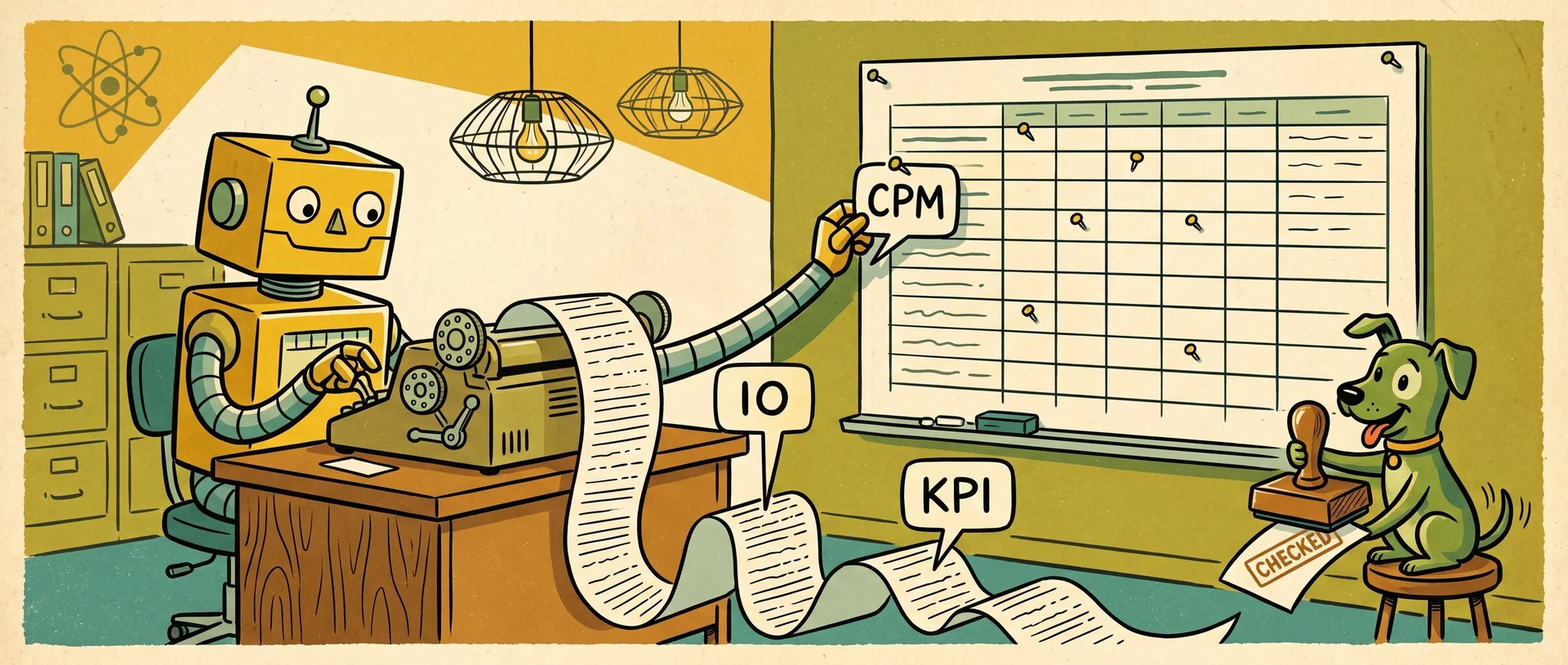 A hand-drawn illustration of a yellow robot pinning acronym tags (CPM, IO and KPI) from a meeting transcript onto a wall spreadsheet, while a green dog holds a stamp marked Checked.