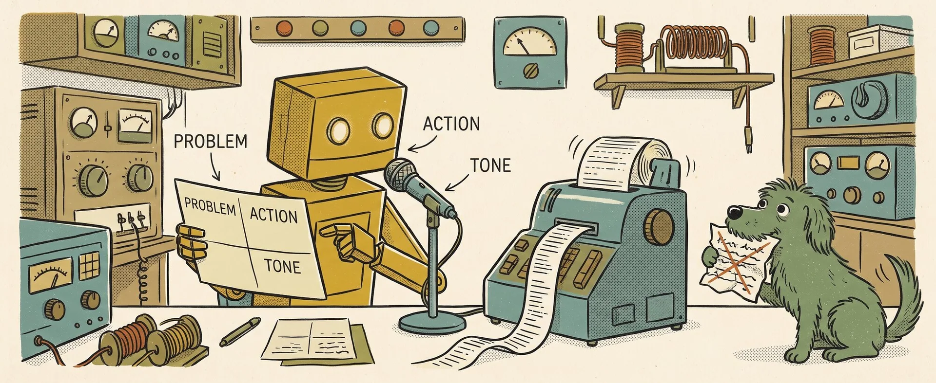 A boxy yellow robot in a radio room speaks into a microphone reading a card with sections labelled PROBLEM, ACTION and TONE, while a scruffy green dog holds a crumpled card.