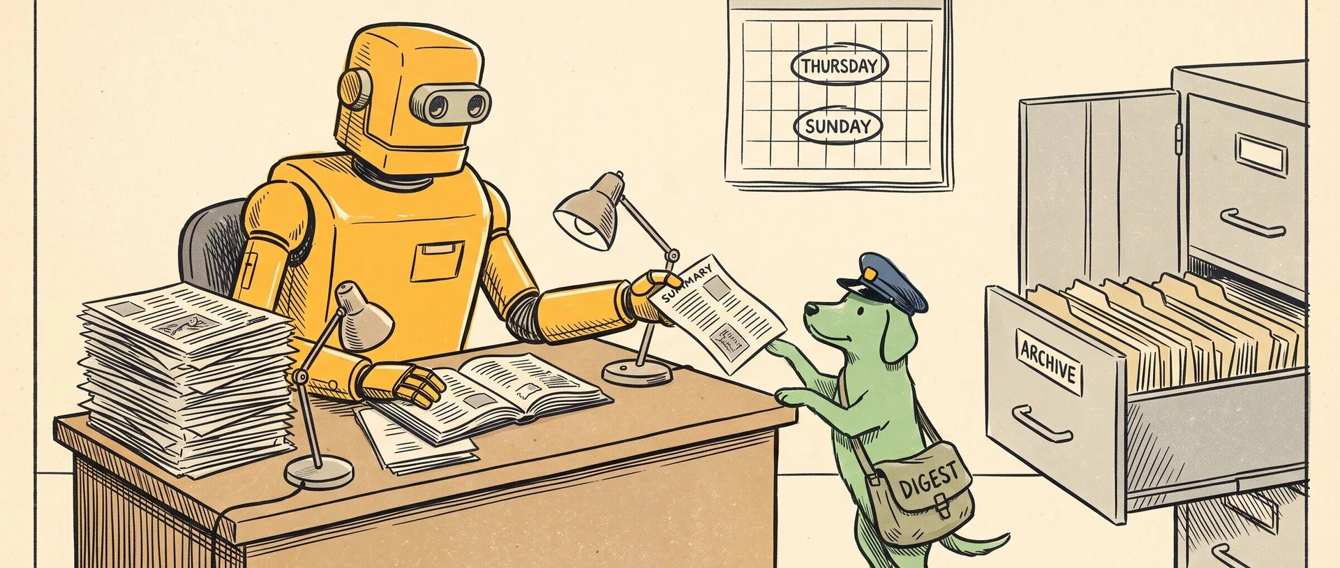 A hand-drawn illustration of a yellow robot at a desk of newspapers handing a summary sheet to a green dog in a postal cap with a DIGEST satchel, under a calendar with Thursday and Sunday circled, beside an open filing drawer labelled ARCHIVE.