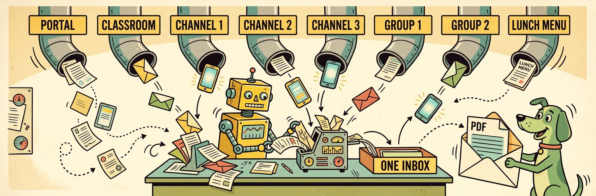 A hand-drawn illustration of a yellow robot at a desk under eight labelled chutes (portal, classroom, three channels, two groups and a lunch menu), sorting papers, envelopes and phones through a machine into a tray labelled One Inbox, while a green dog holds open an envelope with a PDF inside.