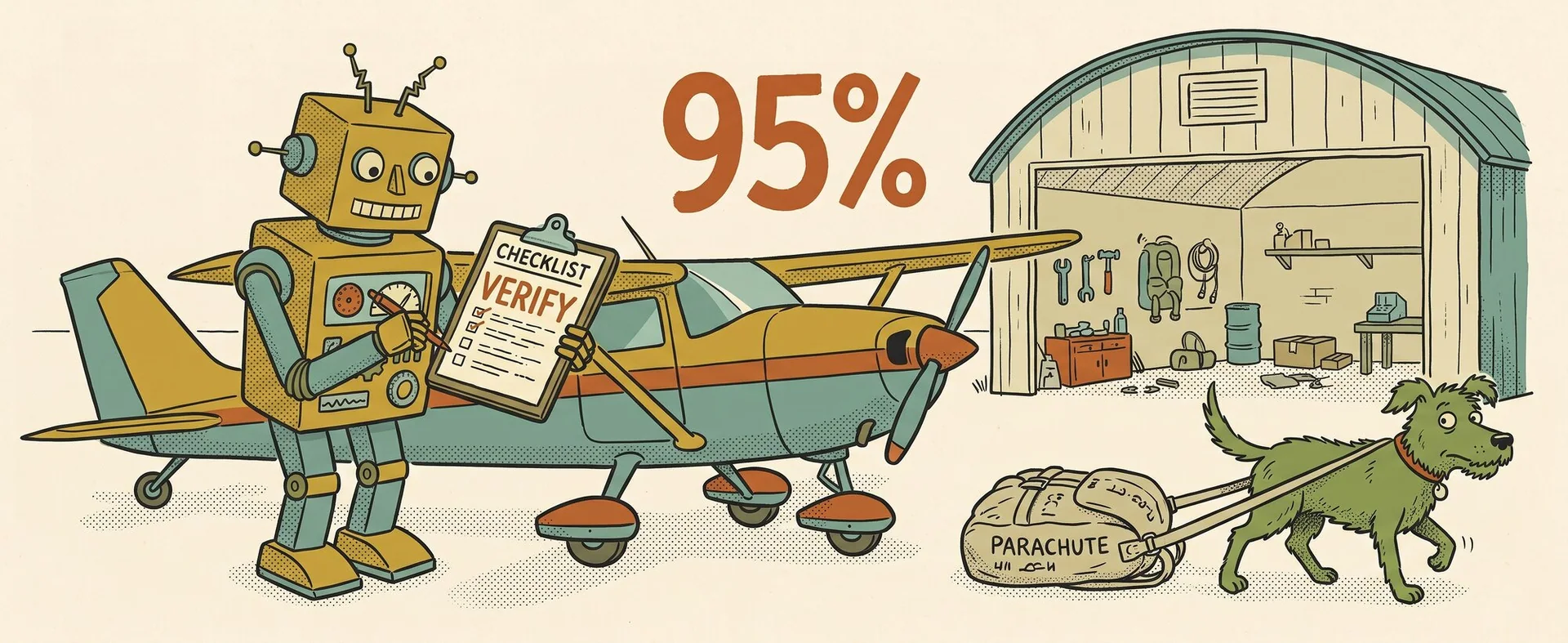 A boxy yellow robot on an airfield ticks a clipboard labelled CHECKLIST beside a small plane, while a scruffy green dog drags over a parachute pack labelled VERIFY; a hangar sign reads 95%.