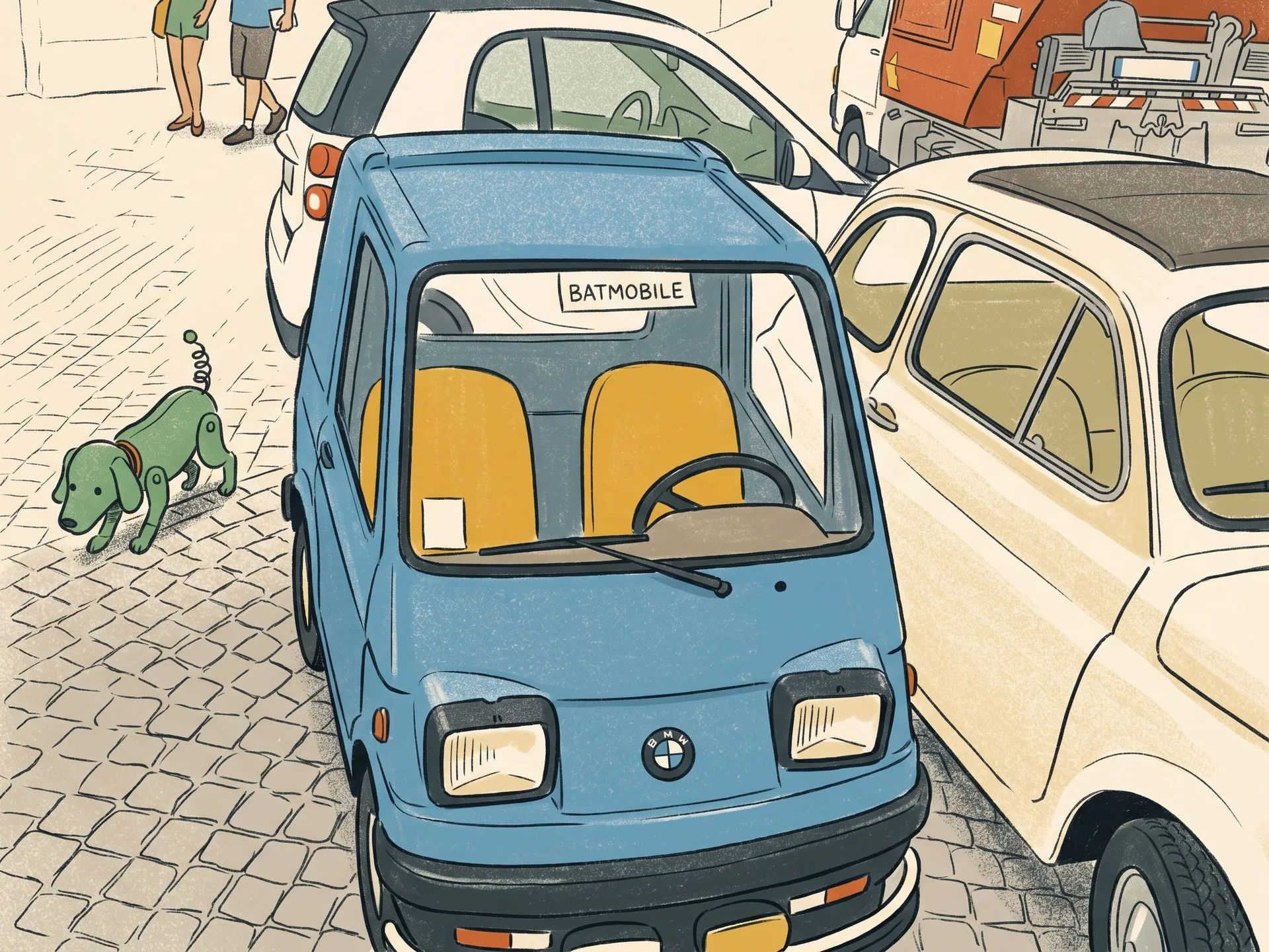 Illustration of a tiny blue car with a BMW badge and a BATMOBILE sign in its windscreen, parked among other cars on a cobbled street.