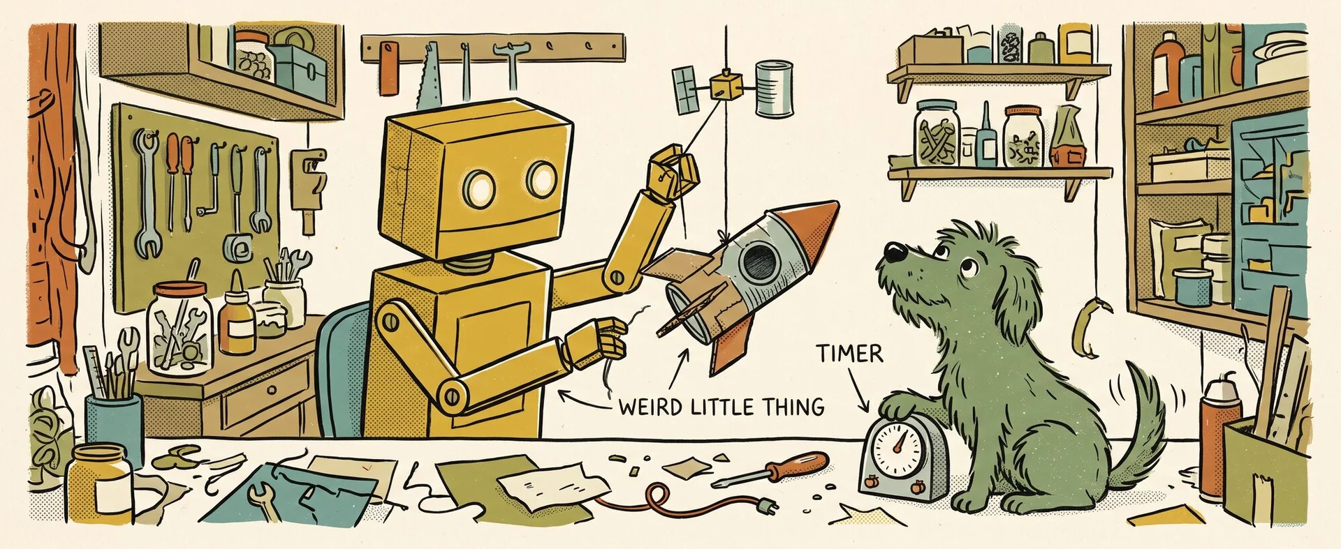 A boxy yellow robot in a shed builds a lopsided toy space station tracker on a string labelled WEIRD LITTLE THING, while a scruffy green dog holds a kitchen timer labelled TIMER.
