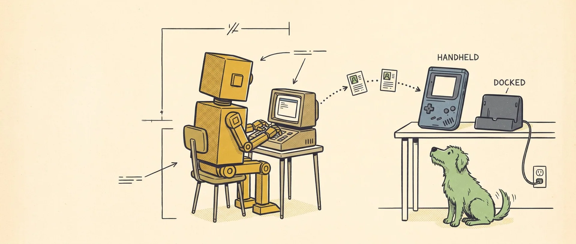 A hand-drawn illustration of a boxy yellow robot at a computer terminal sending game profile cards along a dotted line to a handheld games console labelled HANDHELD, beside a charging stand labelled DOCKED that is plugged into the wall, while a green dog sits under the table looking up.