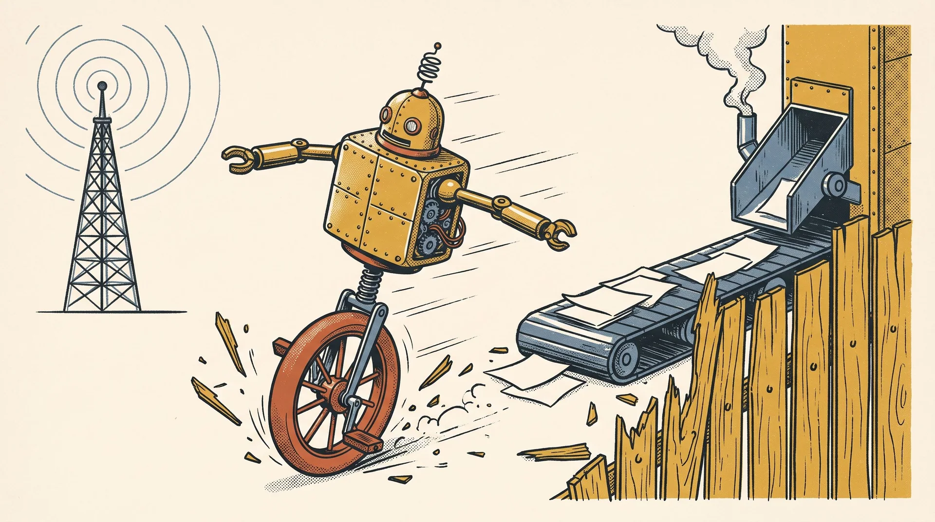 A robot on a unicycle crashes through a wooden barrier beside a conveyor belt carrying envelopes beside a machine, illustrating an agent continuing beyond a boundary.