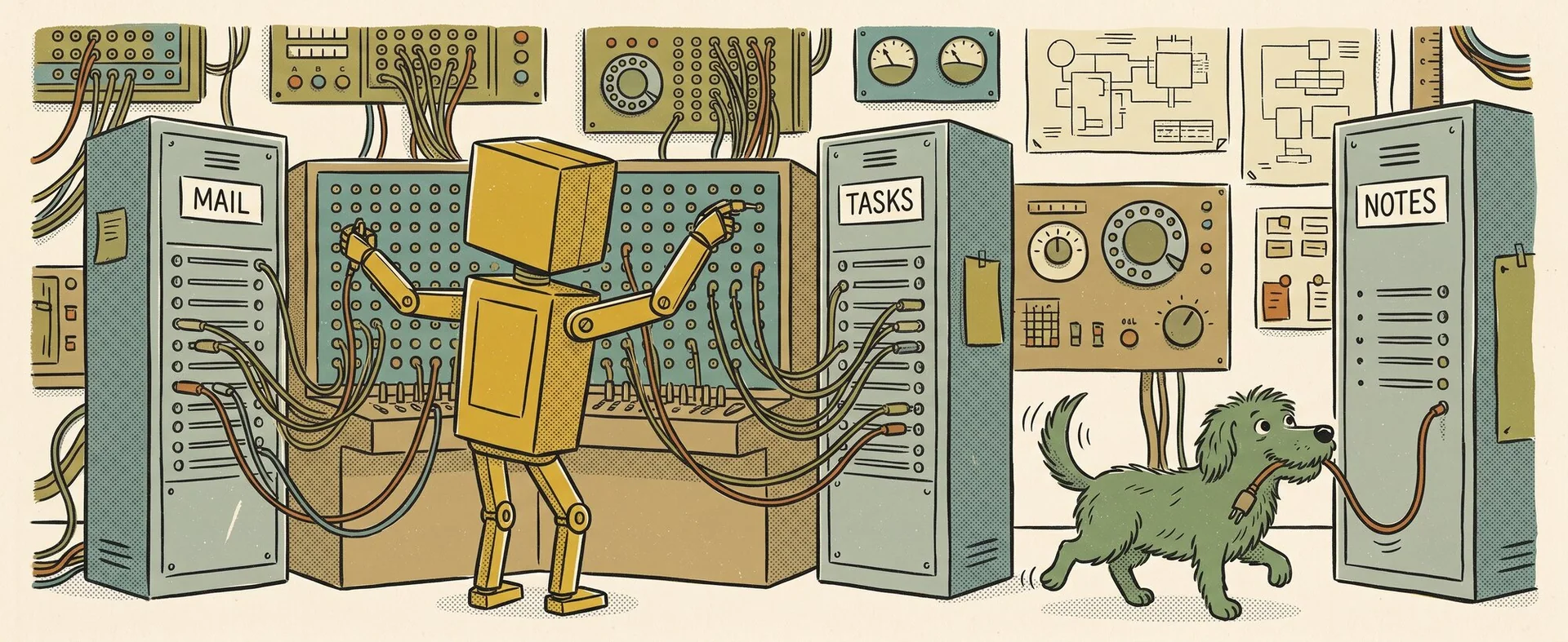 A boxy yellow robot at a switchboard plugs cables into cabinets labelled MAIL, TASKS and NOTES, while a scruffy green dog carries a loose cable to another cabinet.