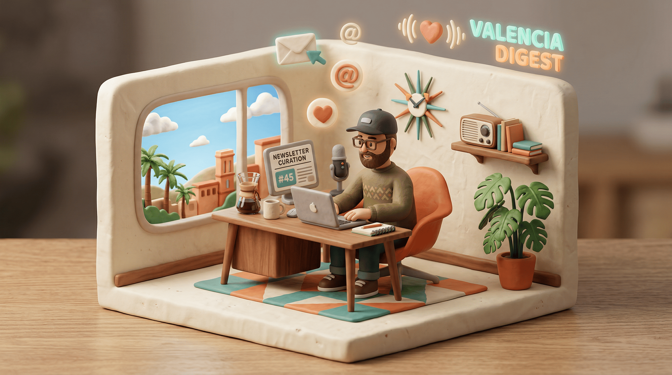 Claymorphic diorama of a newsletter workspace with mid-century modern furniture, vintage radio, and Valencia view